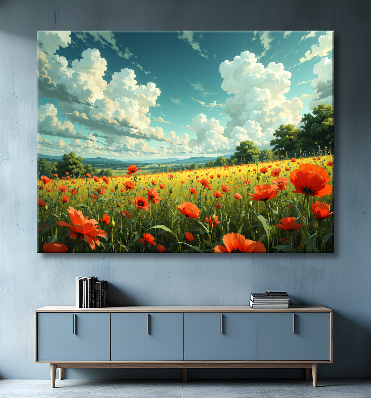 Tableau paysage de coquelicots colorés avec decor