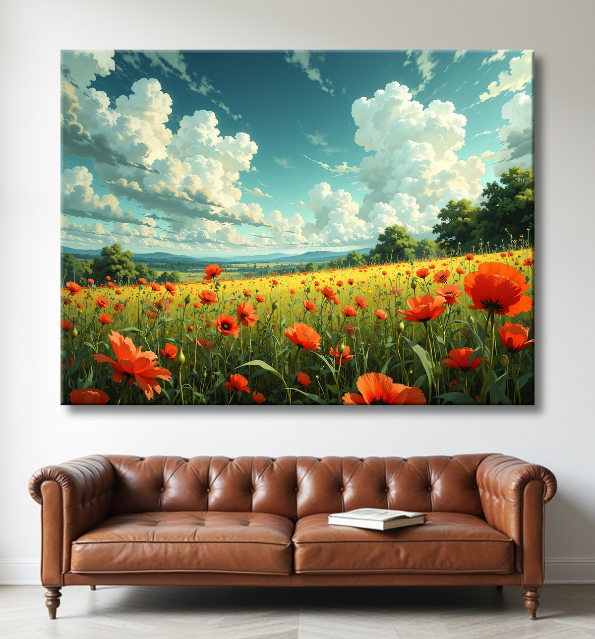 Tableau paysage de coquelicots colorés avec decor