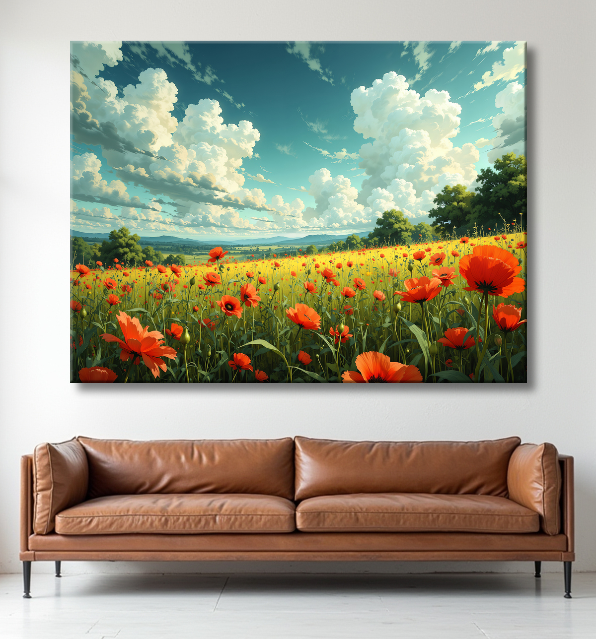 Tableau paysage de coquelicots colorés avec decor