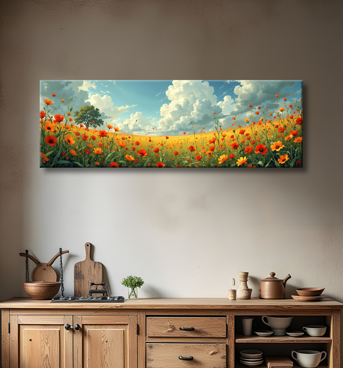 Tableau paysage de coquelicots colorés avec decor