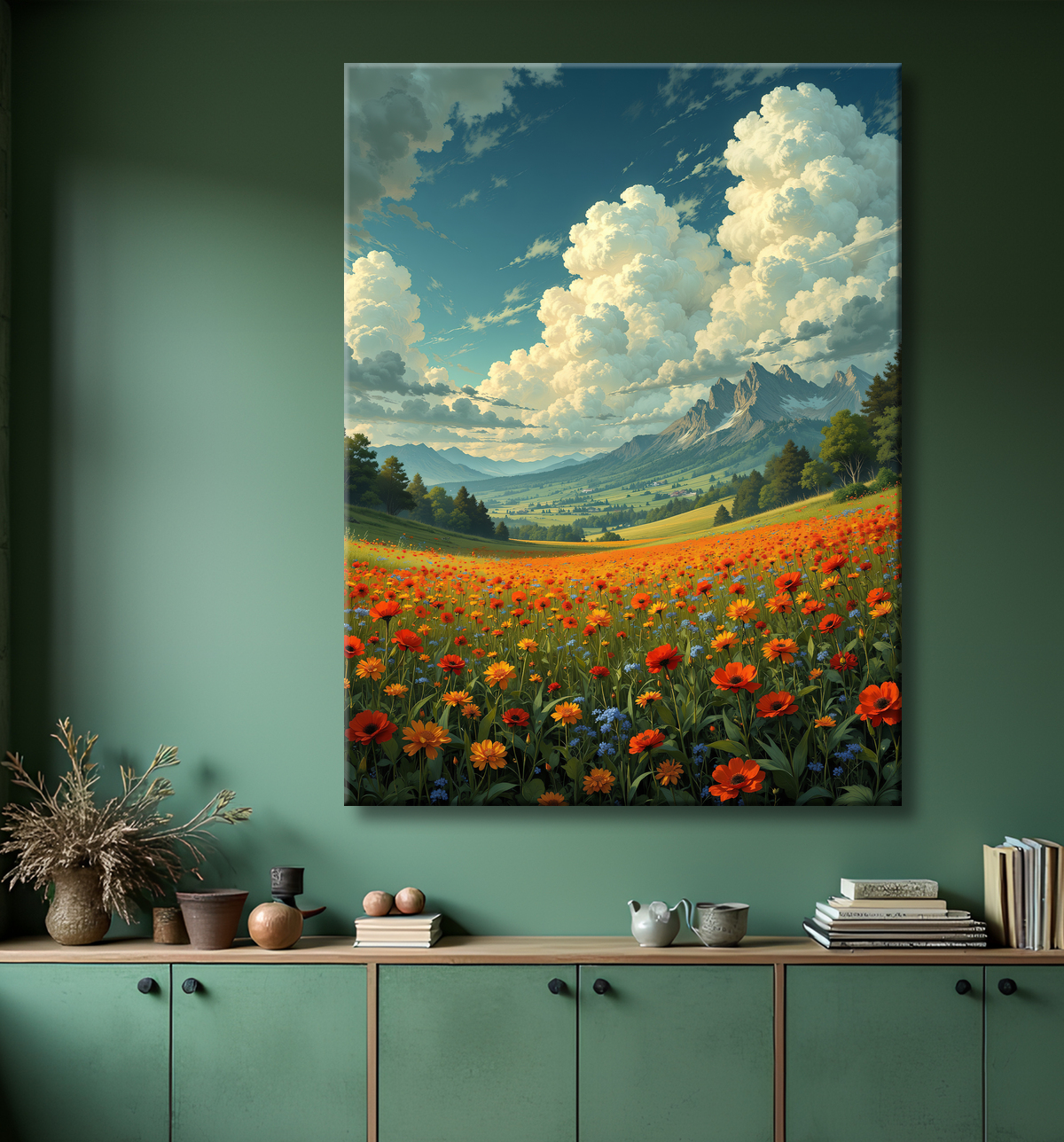Tableau paysage de coquelicots colorés avec decor