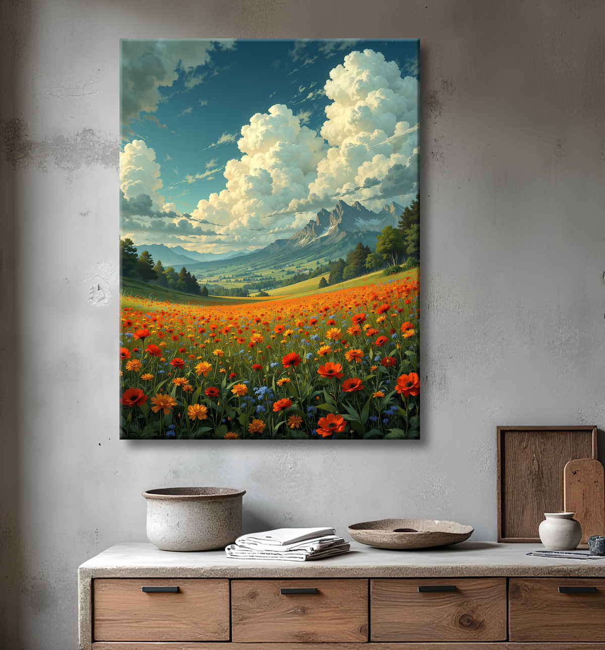 Tableau paysage de coquelicots colorés avec decor
