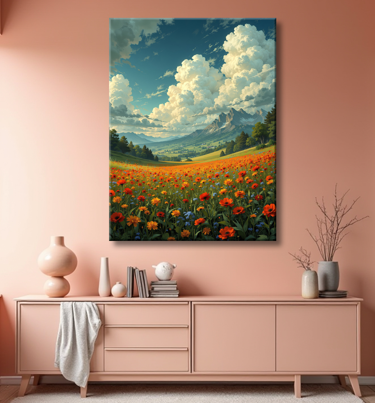 Tableau paysage de coquelicots colorés avec decor