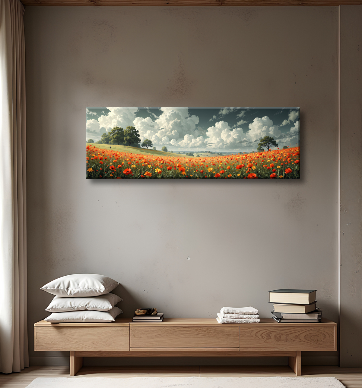 Tableau paysage de coquelicots colorés avec decor