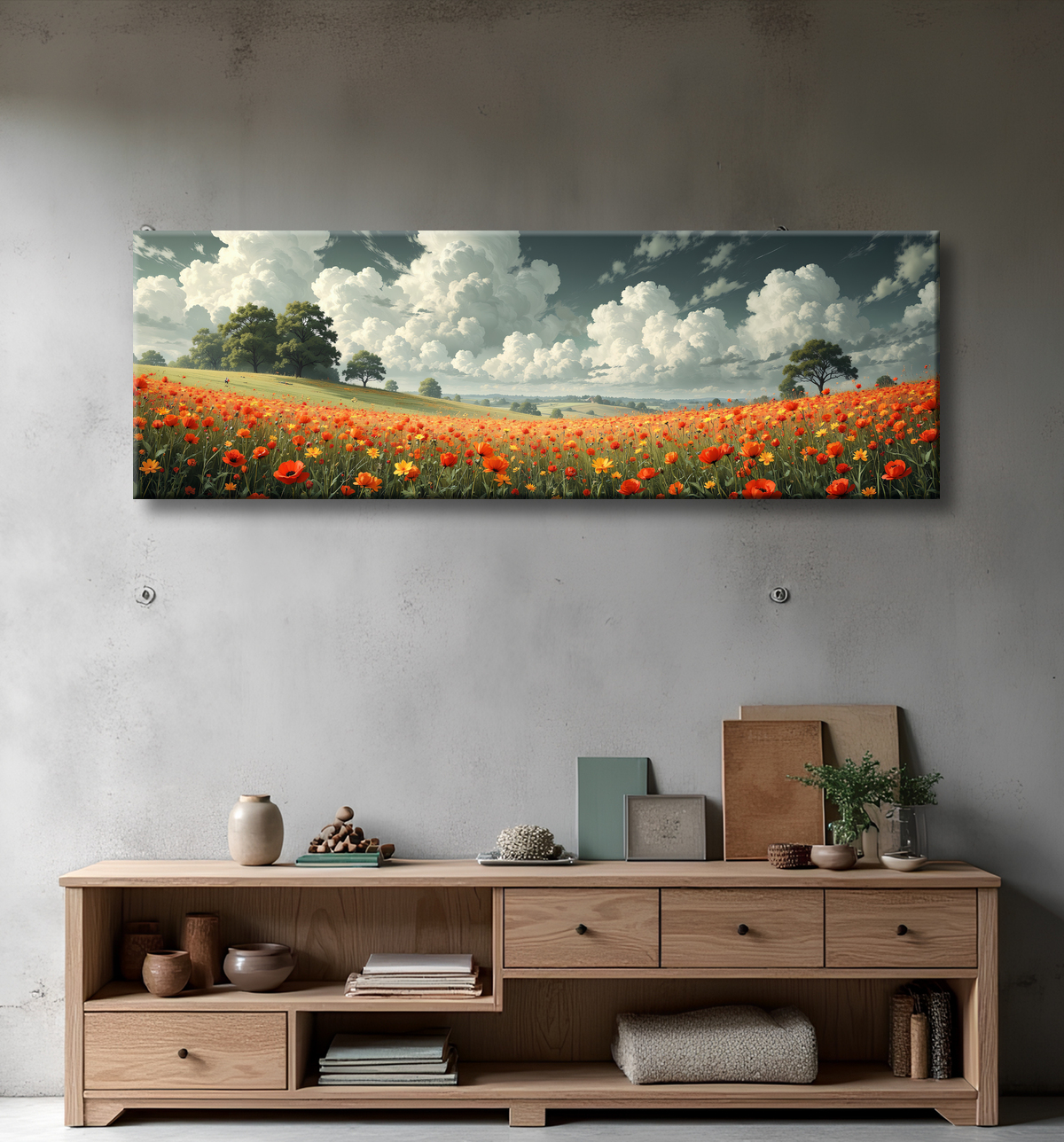 Tableau paysage de coquelicots colorés avec decor