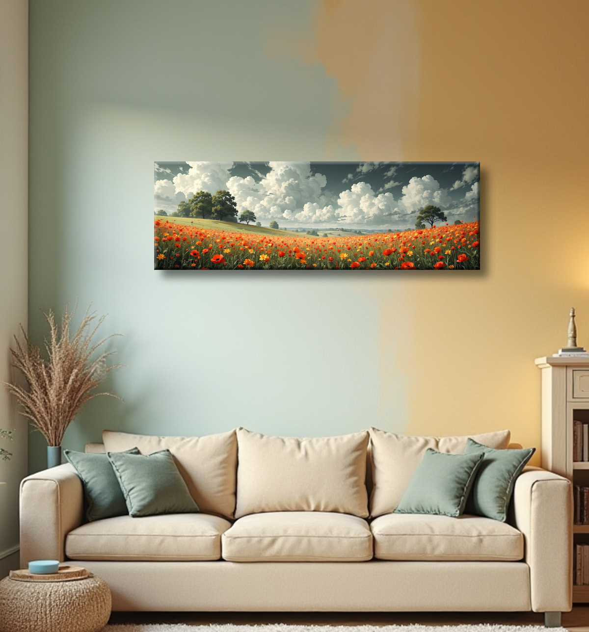 Tableau paysage de coquelicots colorés avec decor