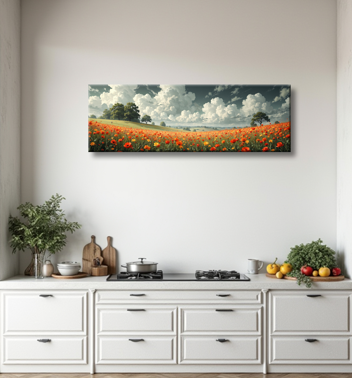 Tableau paysage de coquelicots colorés avec decor