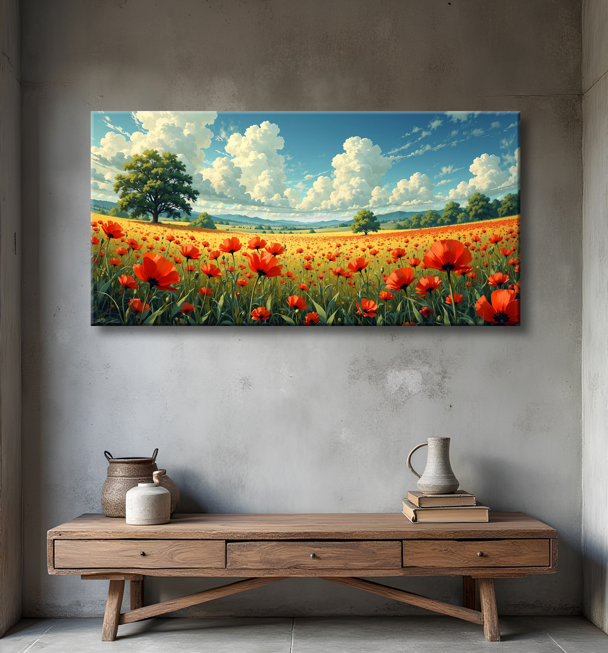 Tableau paysage de coquelicots colorés avec decor