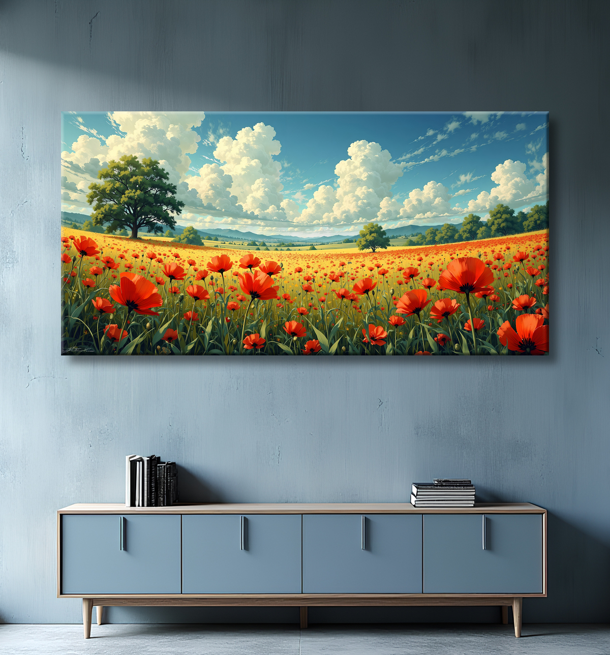 Tableau paysage de coquelicots colorés avec decor