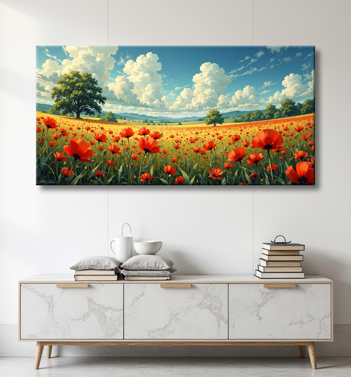 Tableau paysage de coquelicots colorés avec decor