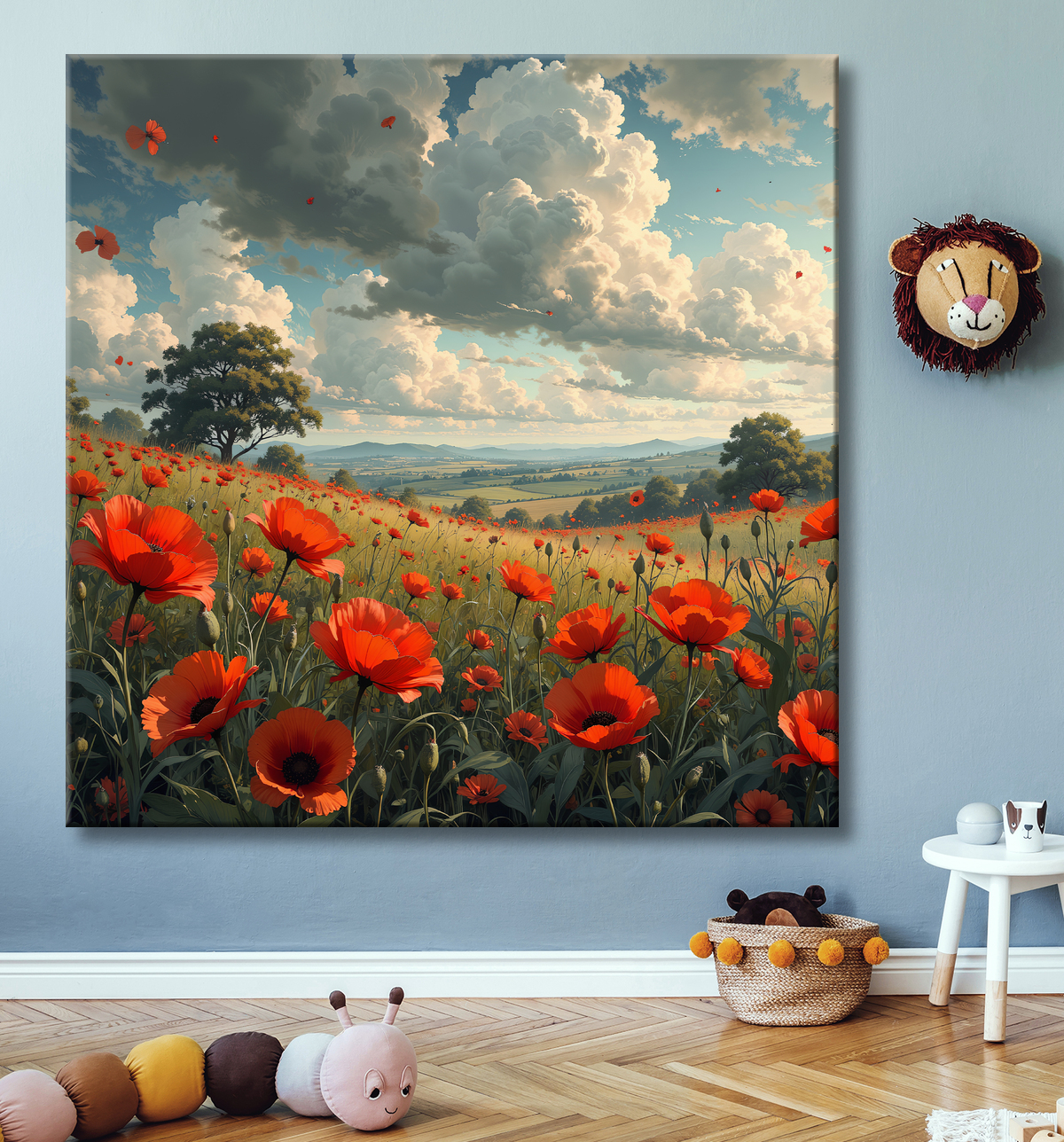 Tableau paysage de coquelicots colorés avec decor