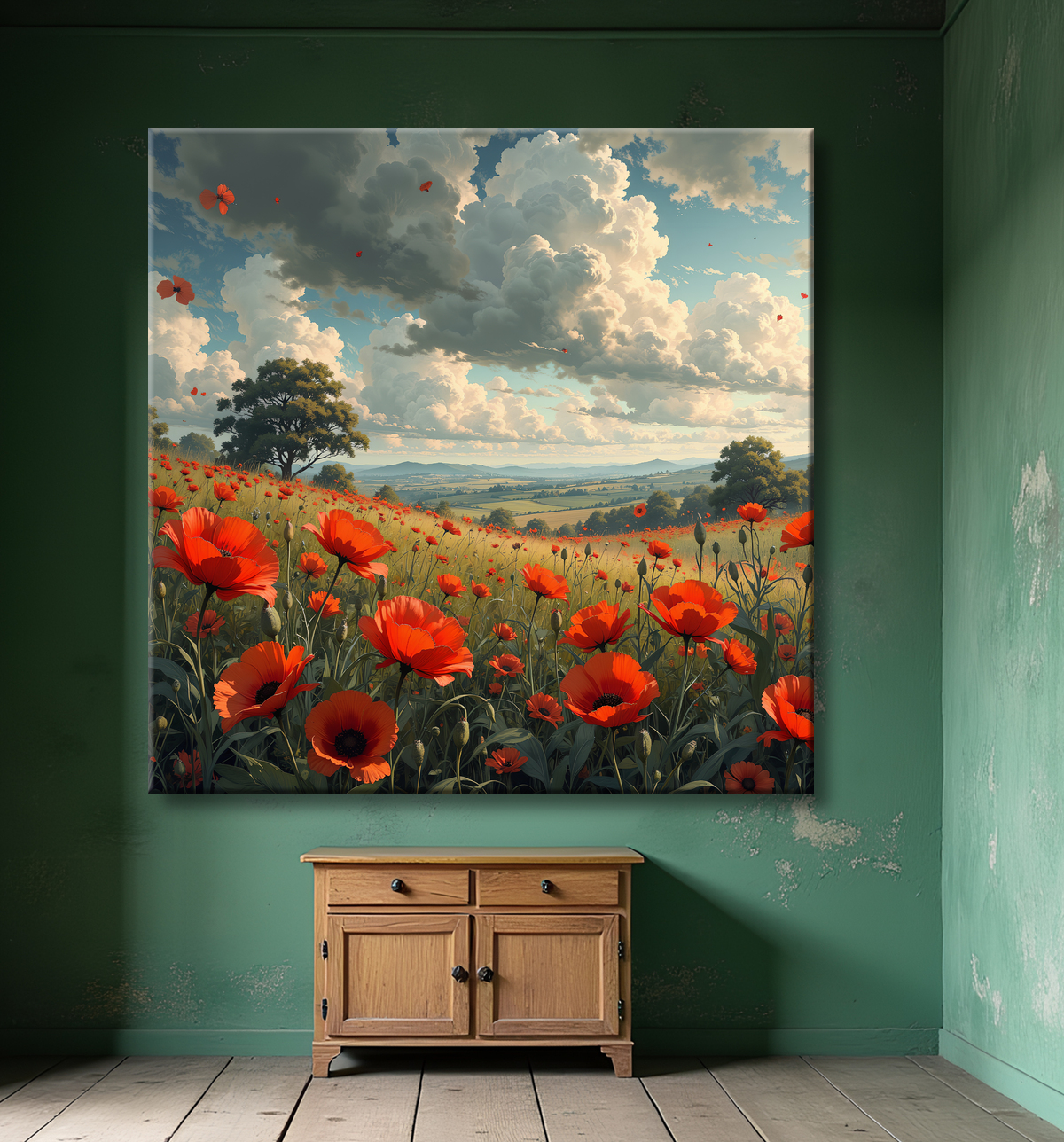 Tableau paysage de coquelicots colorés avec decor