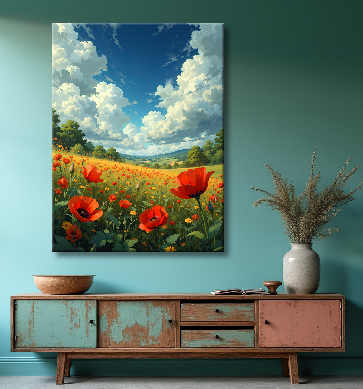 Tableau paysage de coquelicots colorés avec decor