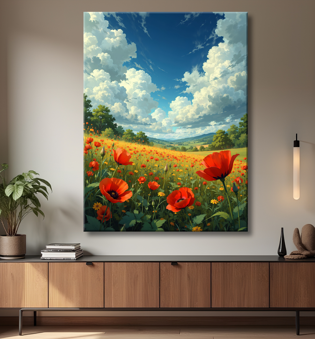 Tableau paysage de coquelicots colorés avec decor