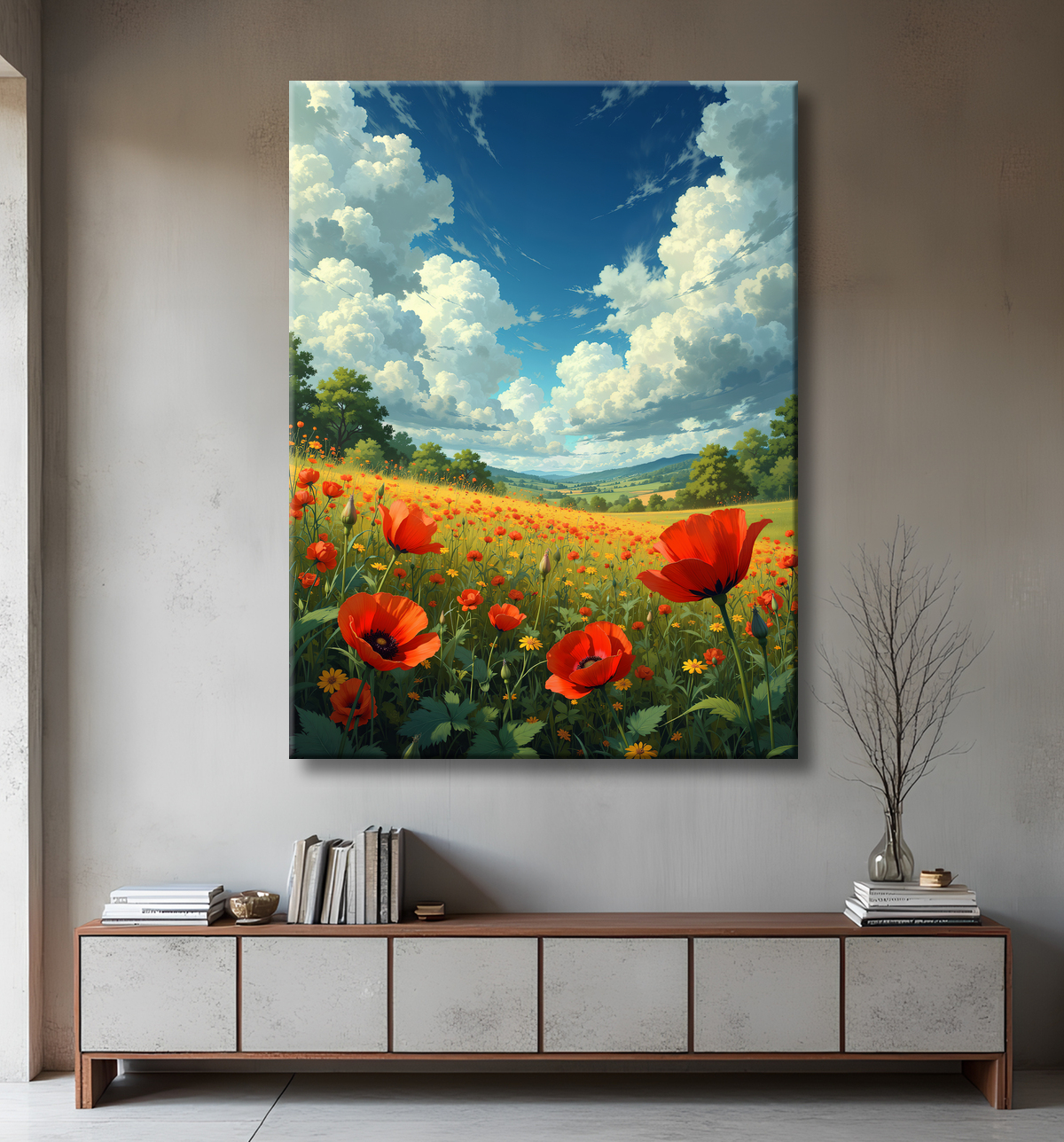 Tableau paysage de coquelicots colorés avec decor