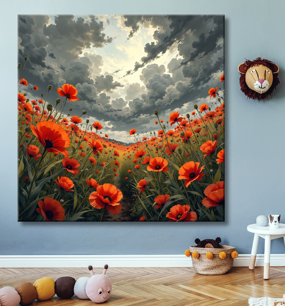 Tableau paysage de coquelicots colorés avec decor