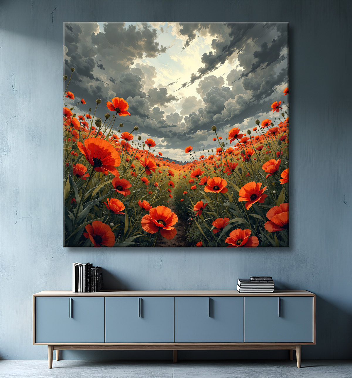Tableau paysage de coquelicots colorés avec decor