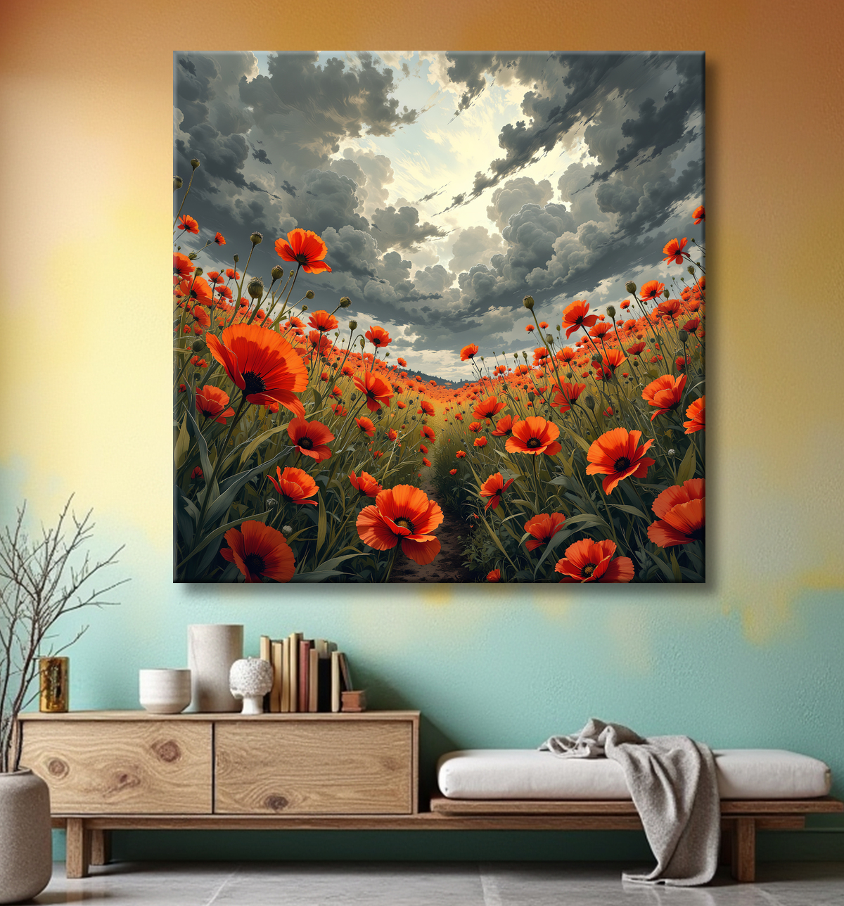 Tableau paysage de coquelicots colorés avec decor