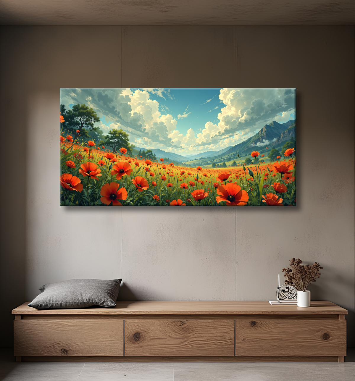 Tableau paysage de coquelicots colorés avec decor