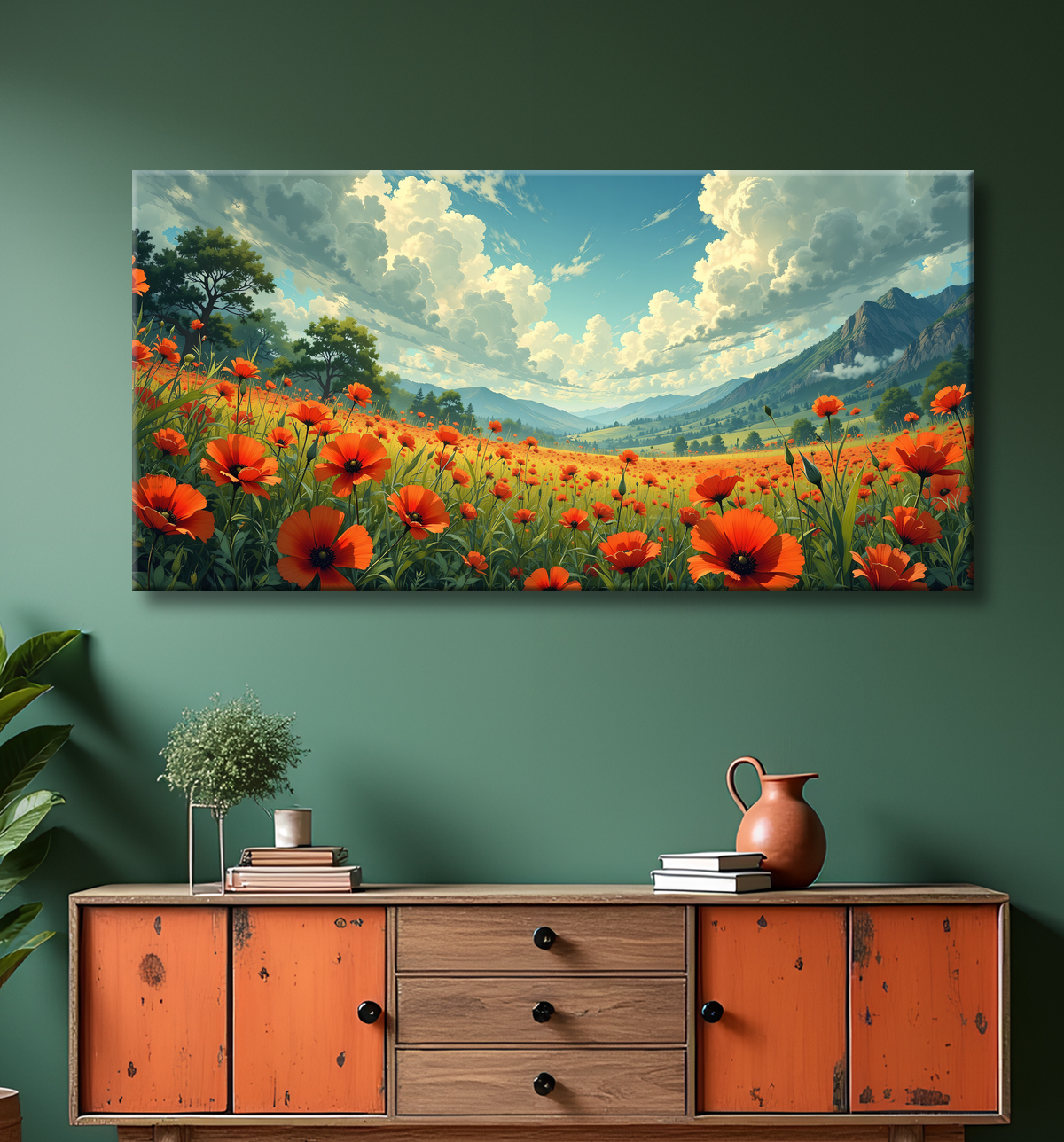 Tableau paysage de coquelicots colorés avec decor