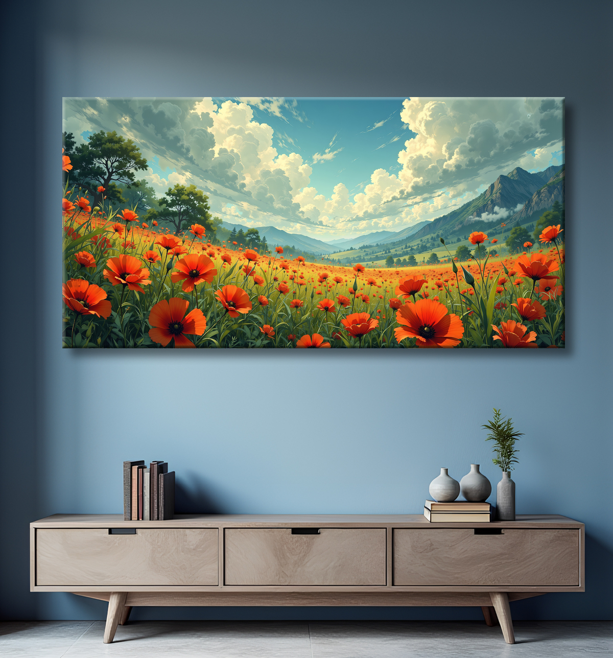 Tableau paysage de coquelicots colorés avec decor