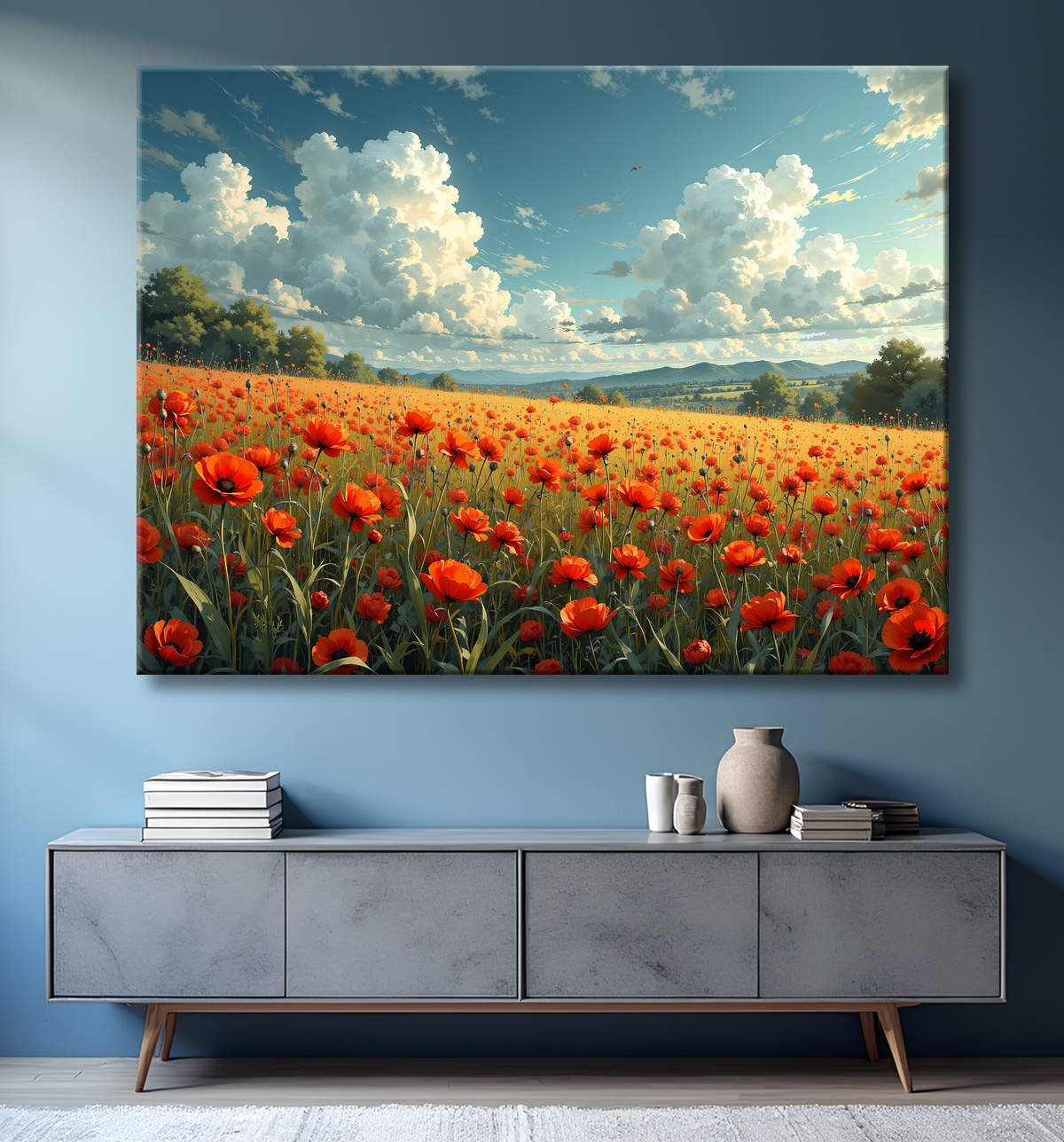 Tableau paysage de coquelicots colorés avec decor