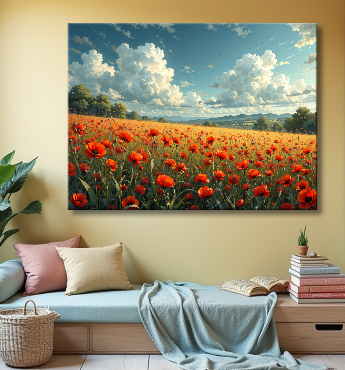 Tableau paysage de coquelicots colorés avec decor
