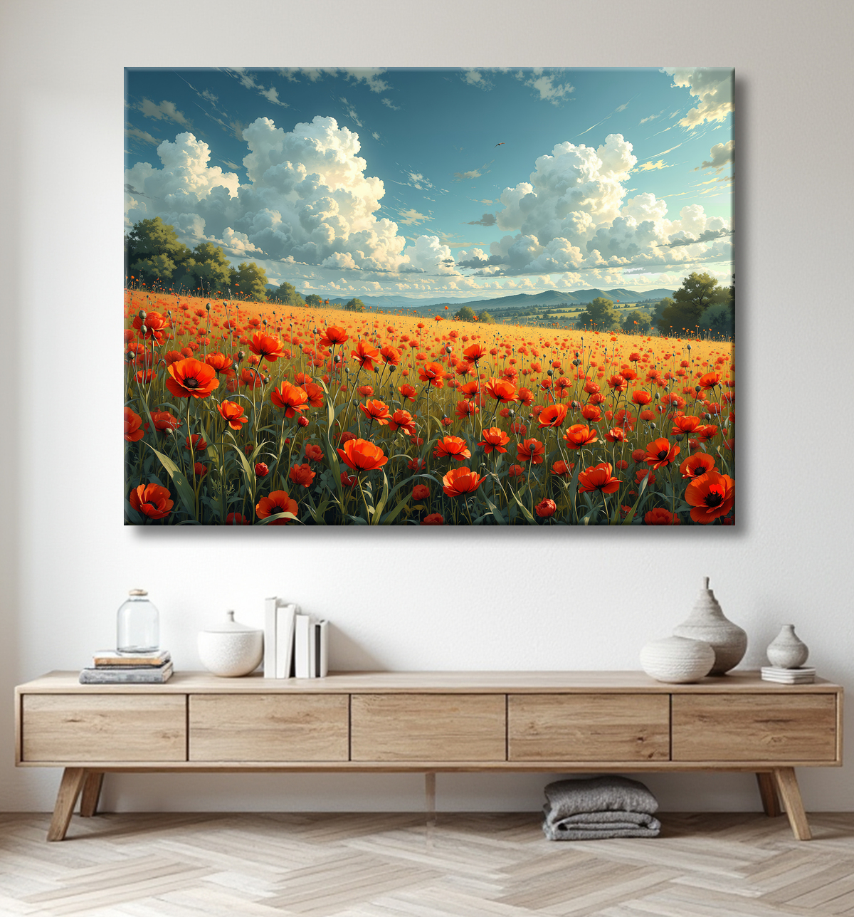Tableau paysage de coquelicots colorés avec decor