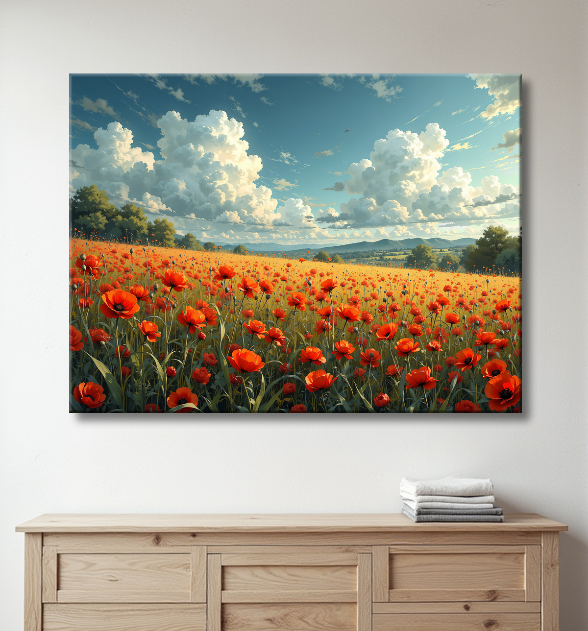 Tableau paysage de coquelicots colorés avec decor