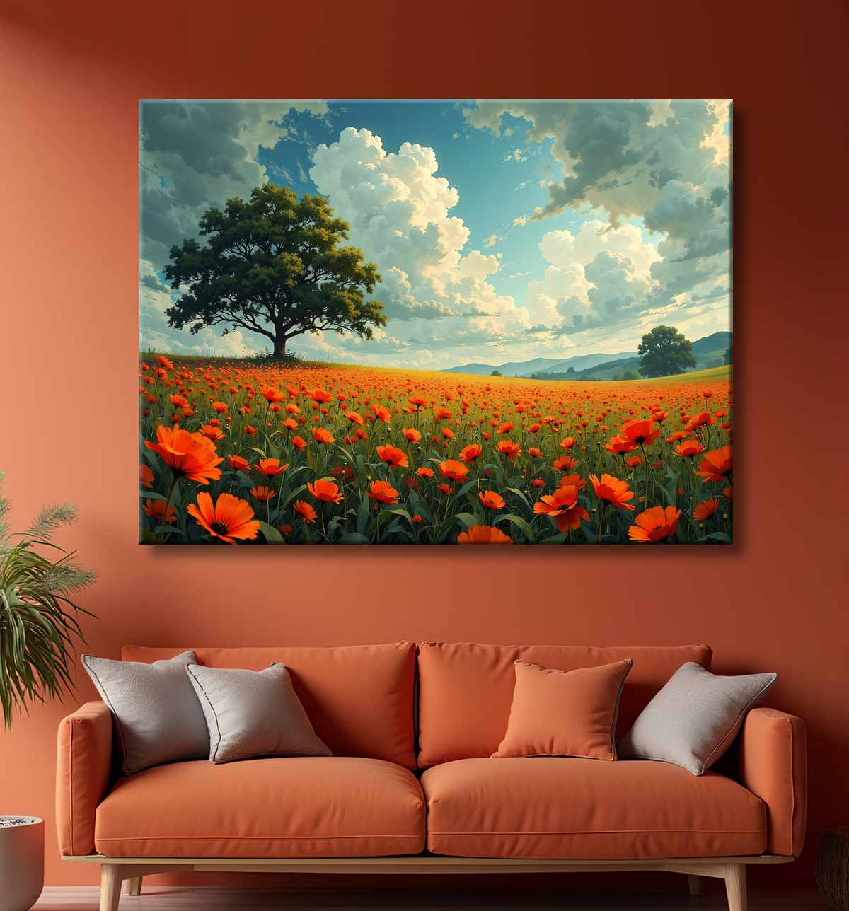 Tableau paysage de coquelicots colorés avec decor