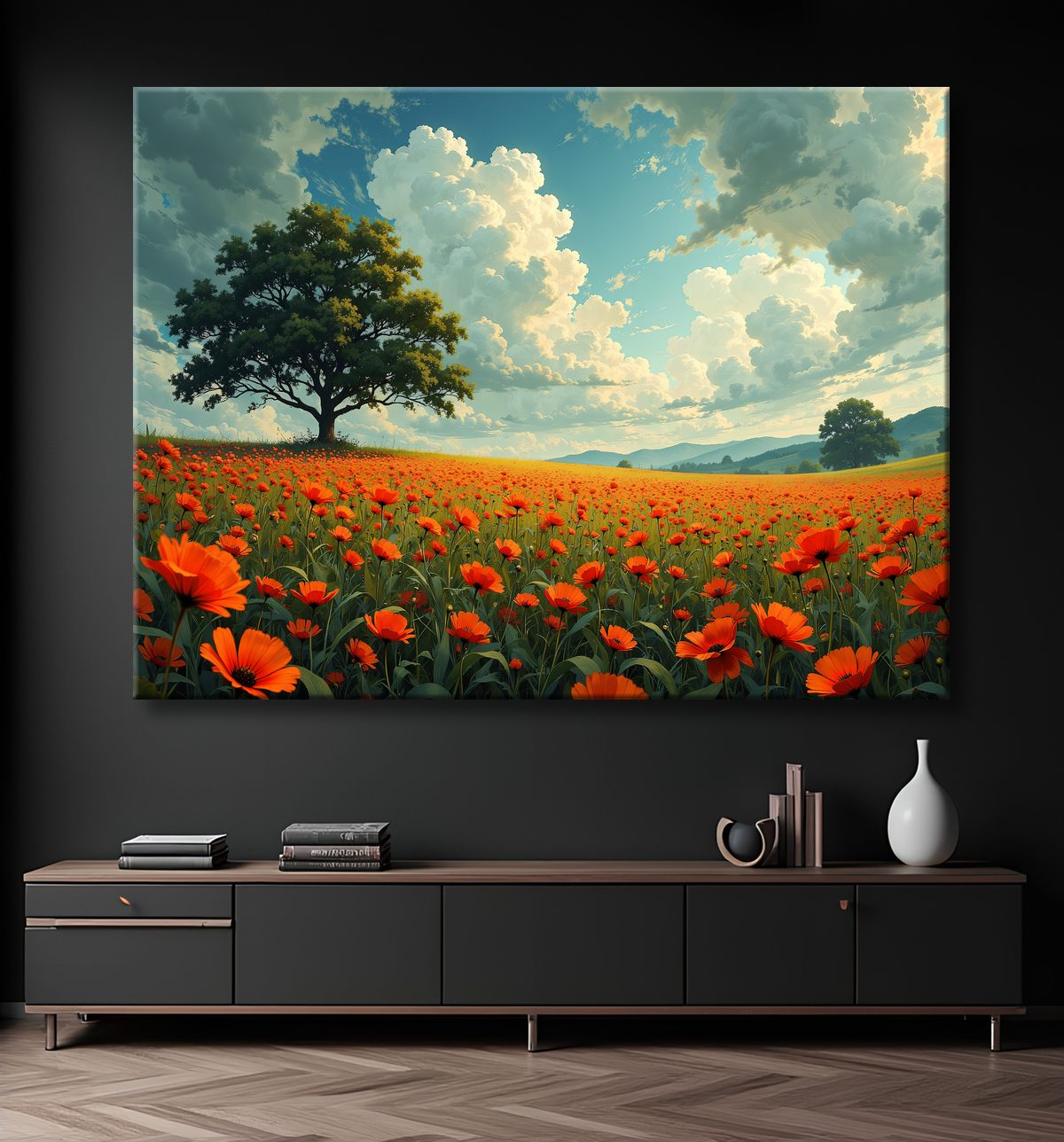 Tableau paysage de coquelicots colorés avec decor