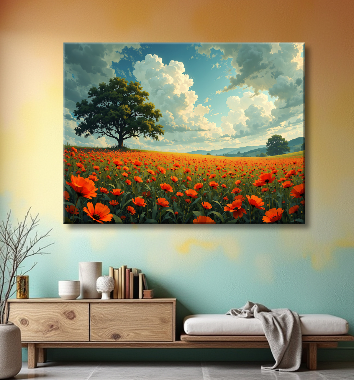Tableau paysage de coquelicots colorés avec decor