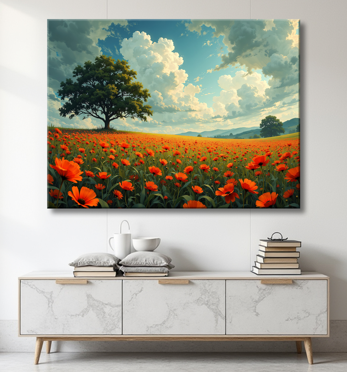 Tableau paysage de coquelicots colorés avec decor