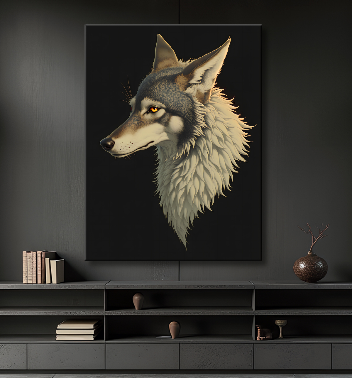 Tableau loup stylisé sur fond noir, peinture numérique avec decor