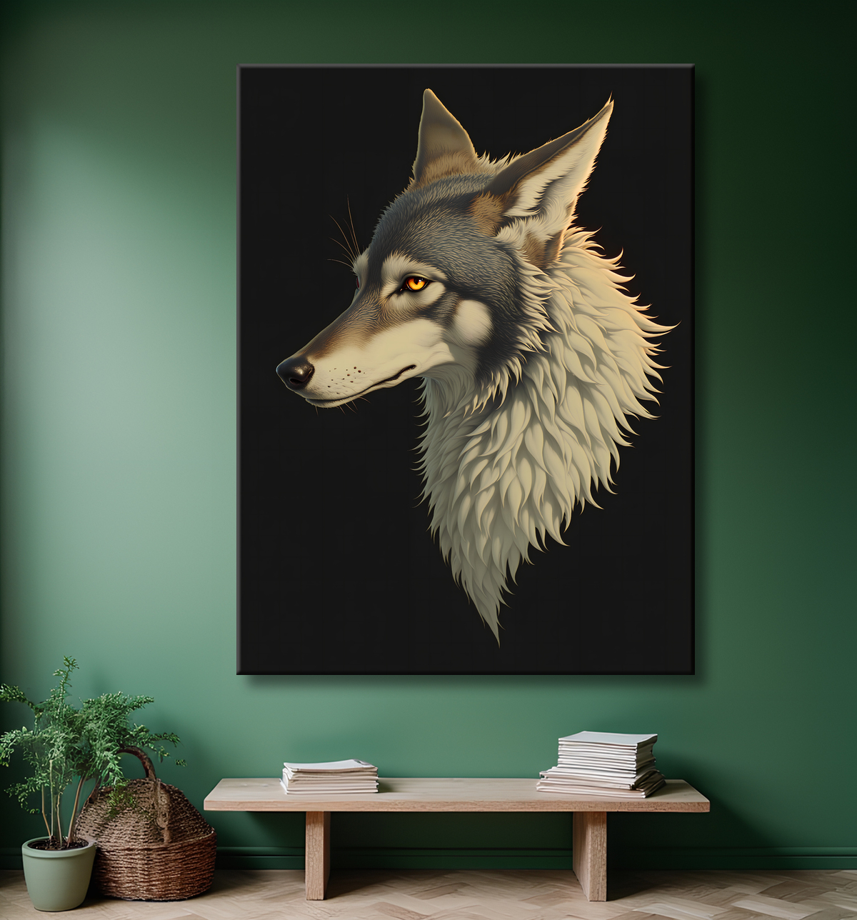 Tableau loup stylisé sur fond noir, peinture numérique avec decor