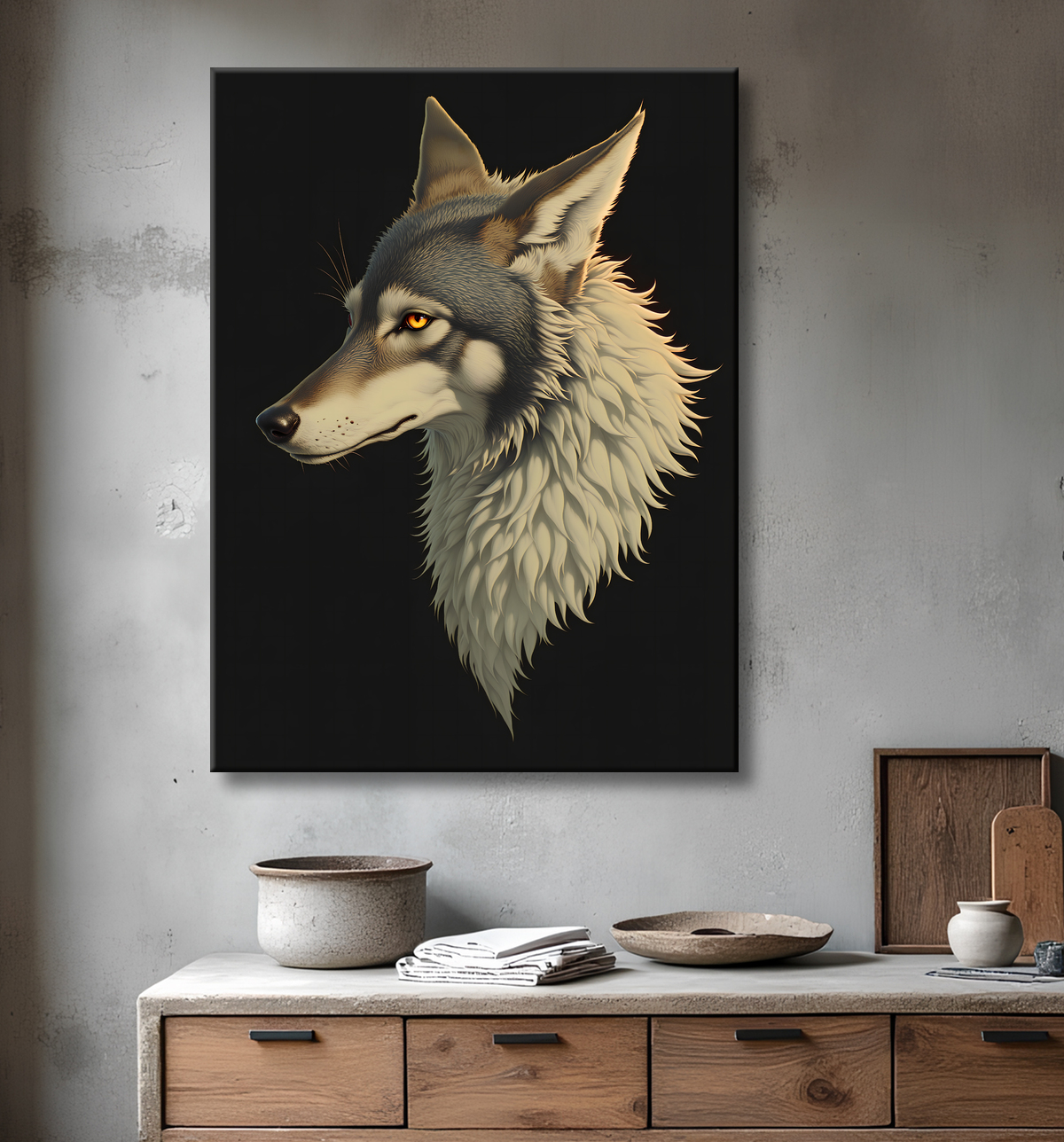 Tableau loup stylisé sur fond noir, peinture numérique avec decor