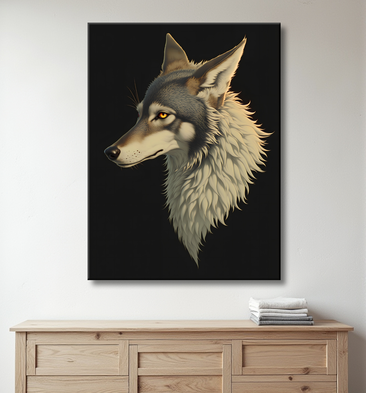 Tableau loup stylisé sur fond noir, peinture numérique avec decor
