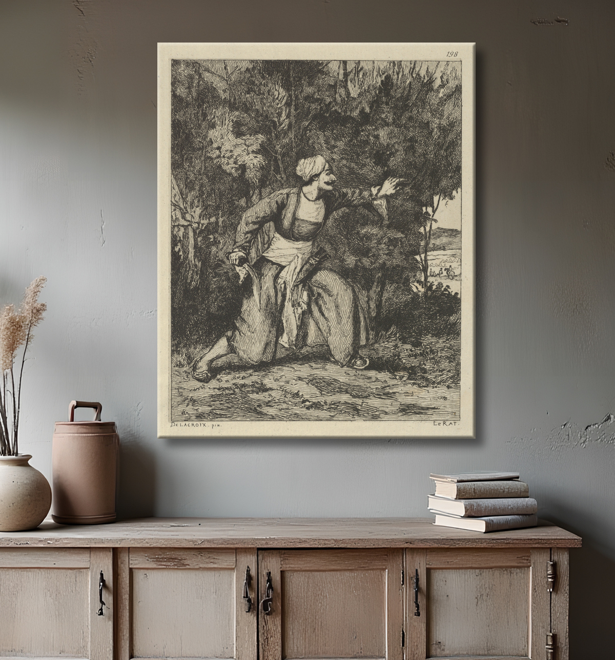 Reproduction Indien dans une embuscade de Paul-Edme Le Rat avec decor