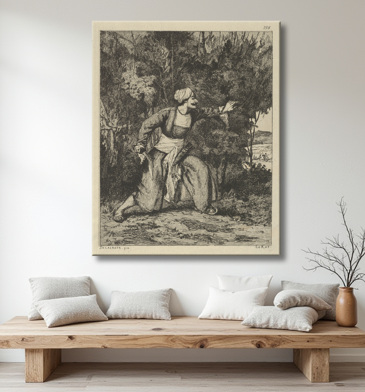 Reproduction Indien dans une embuscade de Paul-Edme Le Rat avec decor
