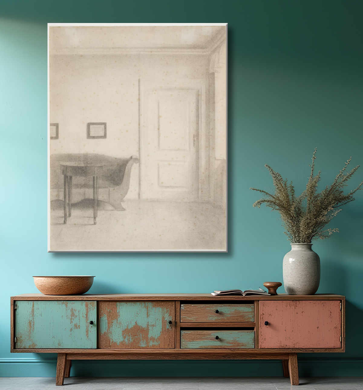 Reproduction Intérieur avec canapé et petite table, une porte de Hammershøi, Vilhelm avec decor
