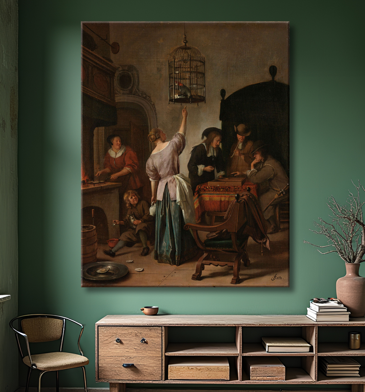 Reproduction Intérieur avec une femme nourrissant un perroquet, connu sous le nom de "Cage de perroquet" de Jan Havicksz. Steen avec decor