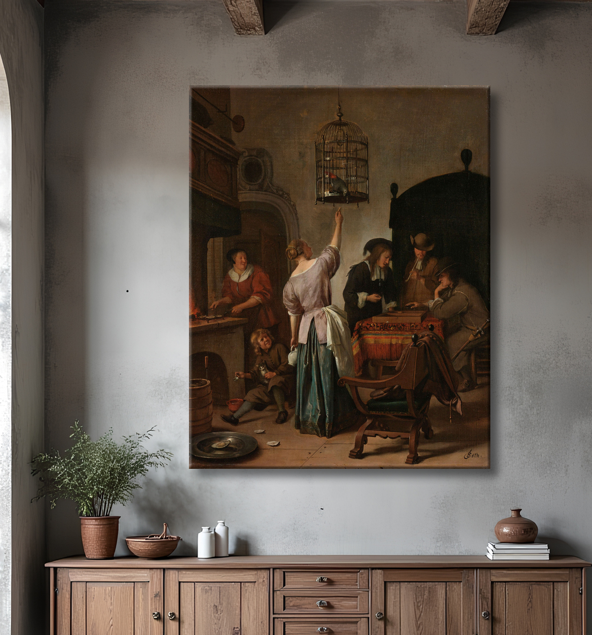 Reproduction Intérieur avec une femme nourrissant un perroquet, connu sous le nom de "Cage de perroquet" de Jan Havicksz. Steen avec decor