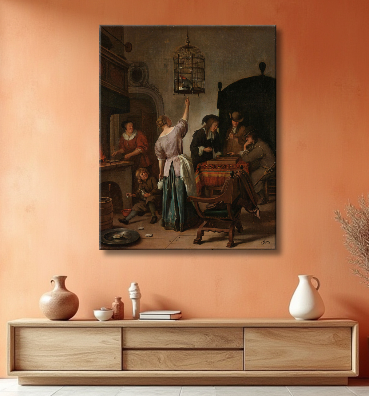 Reproduction Intérieur avec une femme nourrissant un perroquet, connu sous le nom de "Cage de perroquet" de Jan Havicksz. Steen avec decor