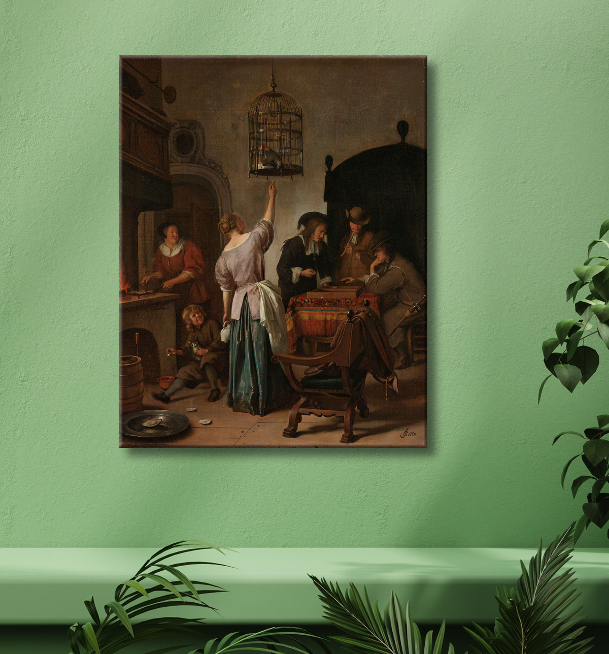 Reproduction Intérieur avec une femme nourrissant un perroquet, connu sous le nom de "Cage de perroquet" de Jan Havicksz. Steen avec decor