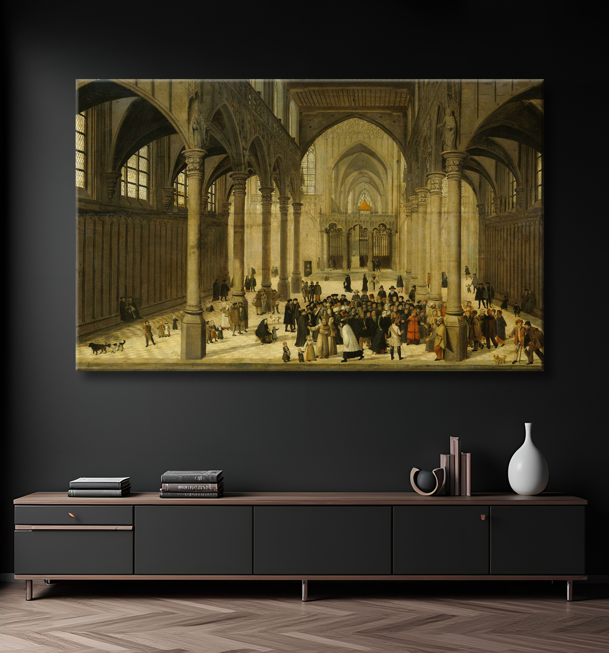 Reproduction Intérieur de l'église avec le Christ prêchant à une congrégation de Cornelis van Dalem avec decor