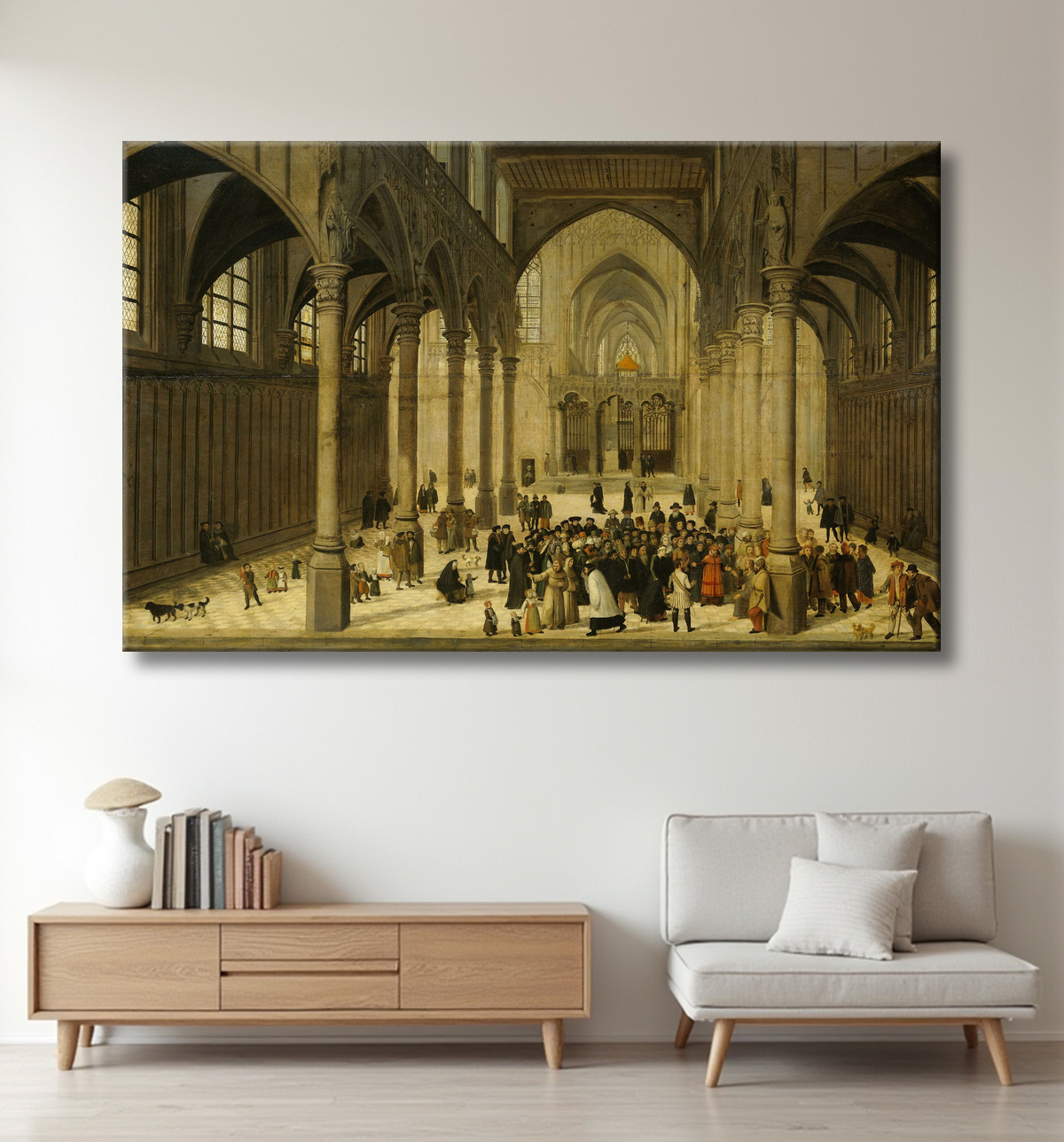 Reproduction Intérieur de l'église avec le Christ prêchant à une congrégation de Cornelis van Dalem avec decor