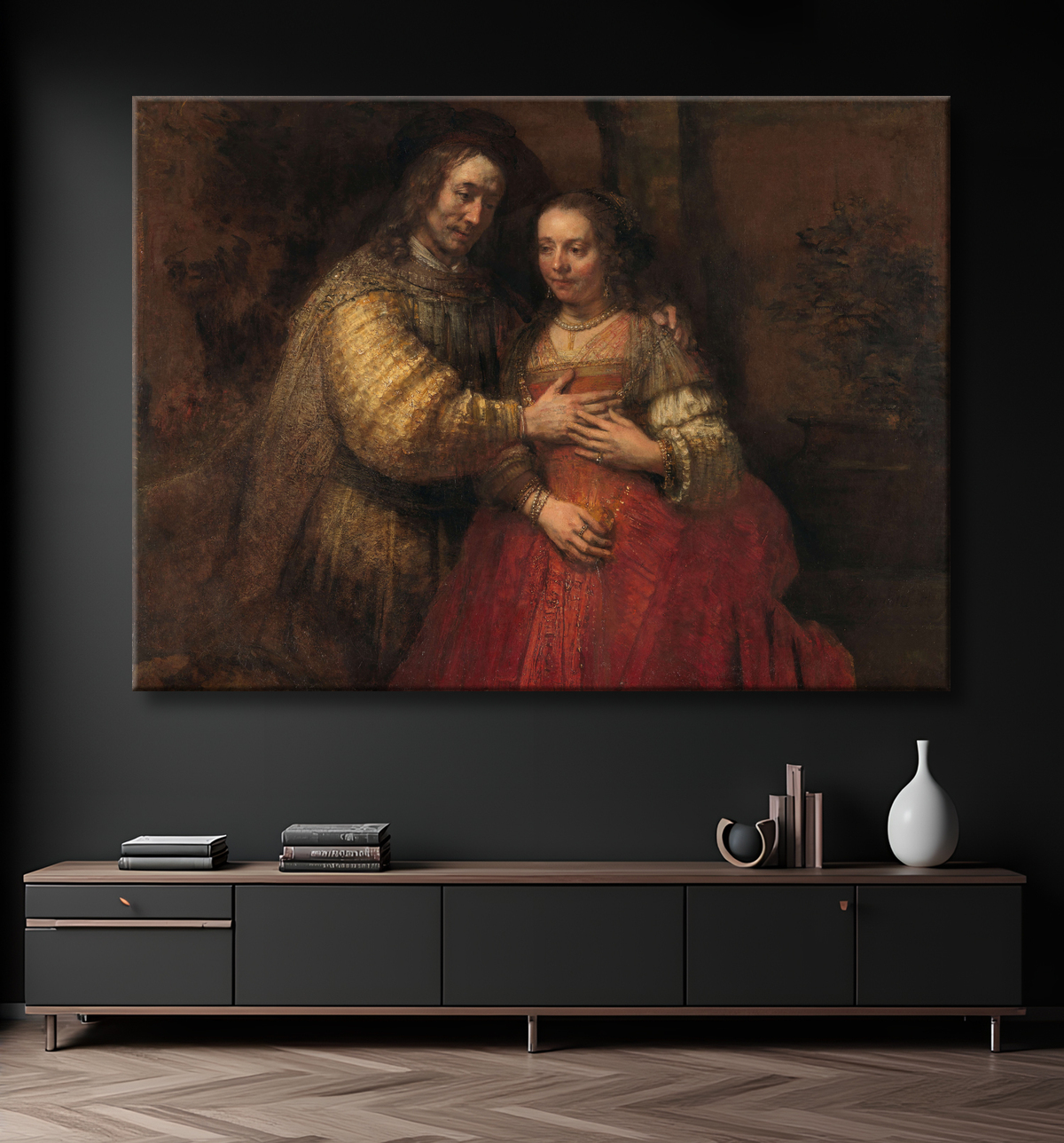 Reproduction Isaac et Rebecca, connus sous le nom de « l'épouse juive » de Rembrandt van Rijn avec decor