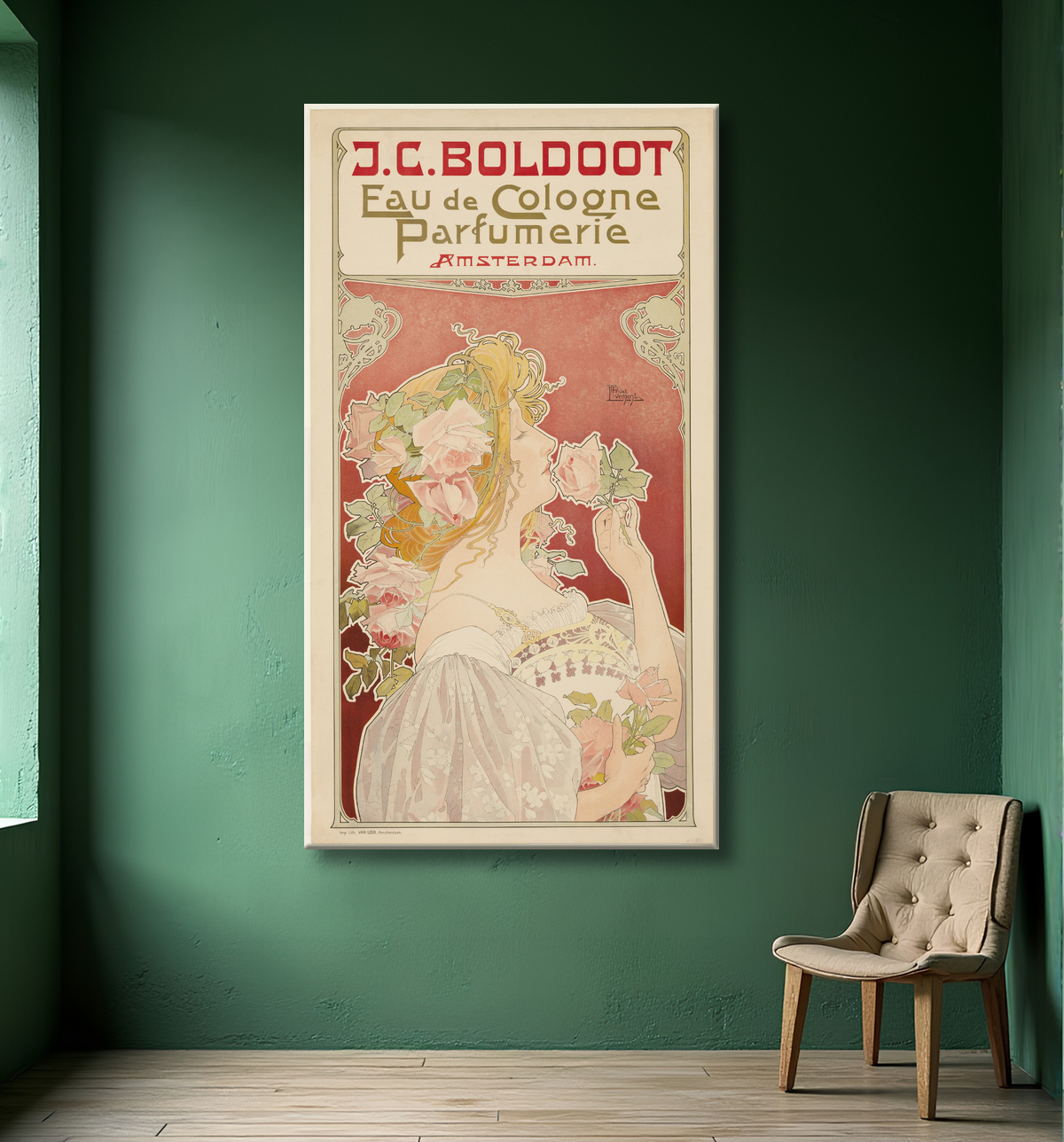 Reproduction J.C. Boldoot Eau de Cologne: Parfumerie Amsterdam de Privat-Livemont avec decor