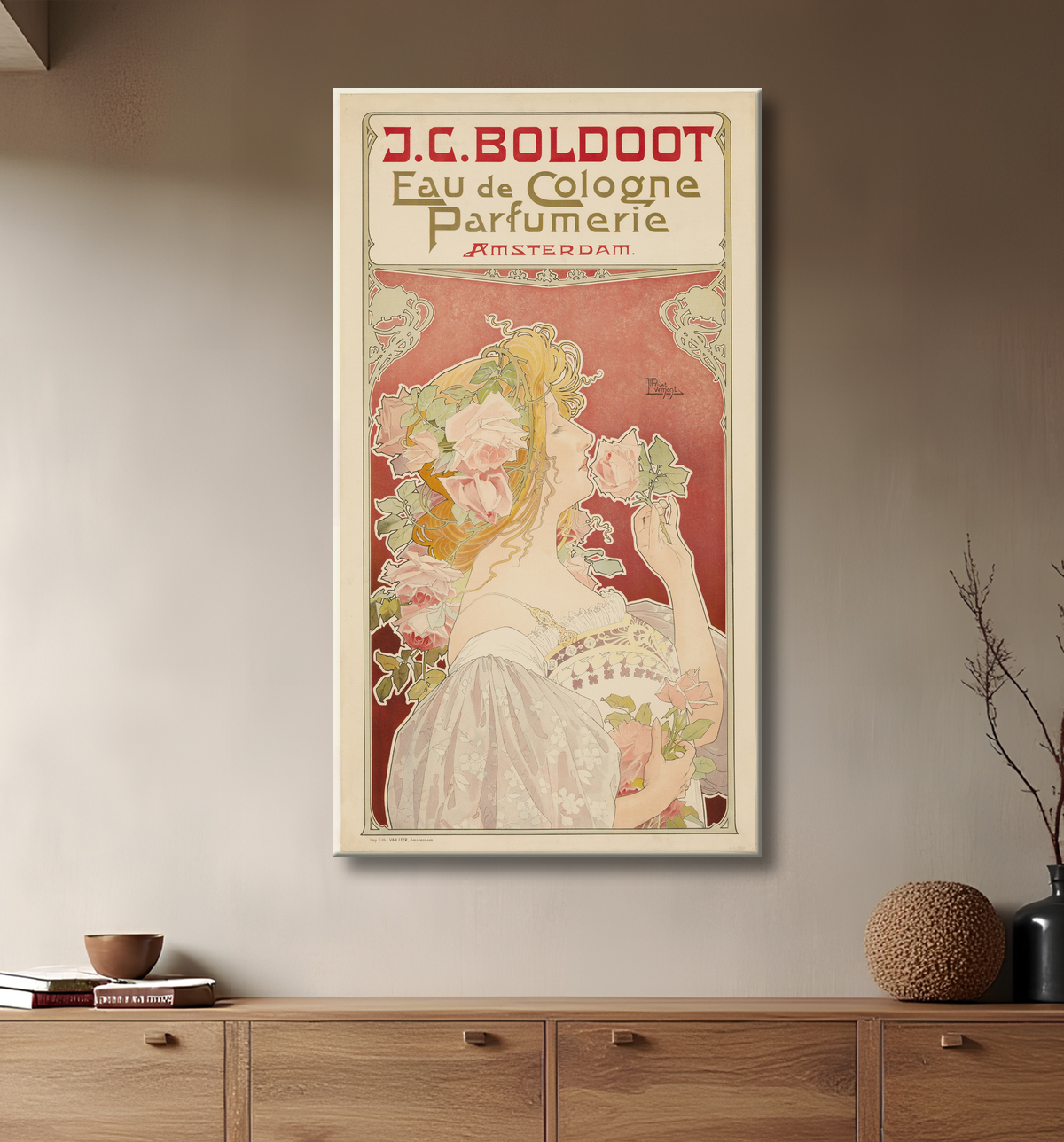 Reproduction J.C. Boldoot Eau de Cologne: Parfumerie Amsterdam de Privat-Livemont avec decor
