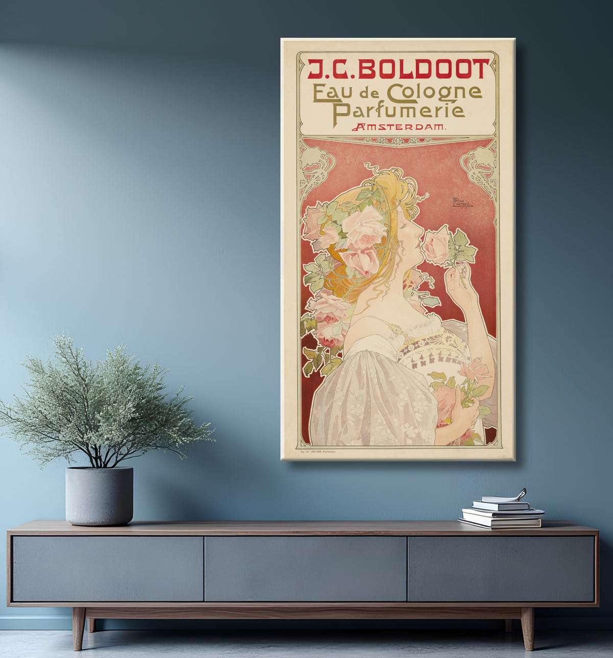 Reproduction J.C. Boldoot Eau de Cologne: Parfumerie Amsterdam de Privat-Livemont avec decor